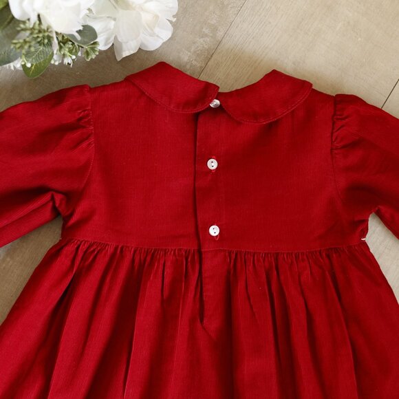 Red 100% Corduroy Smocked Dress Traditional Size 6/9 Months Boutique NWT - Picture 3 of 5